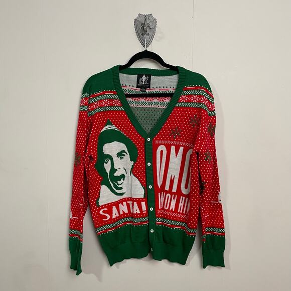 Elf L cardigan button up long sleeve fandom Christmas grandmacore cozy red green - Picture 1 of 7